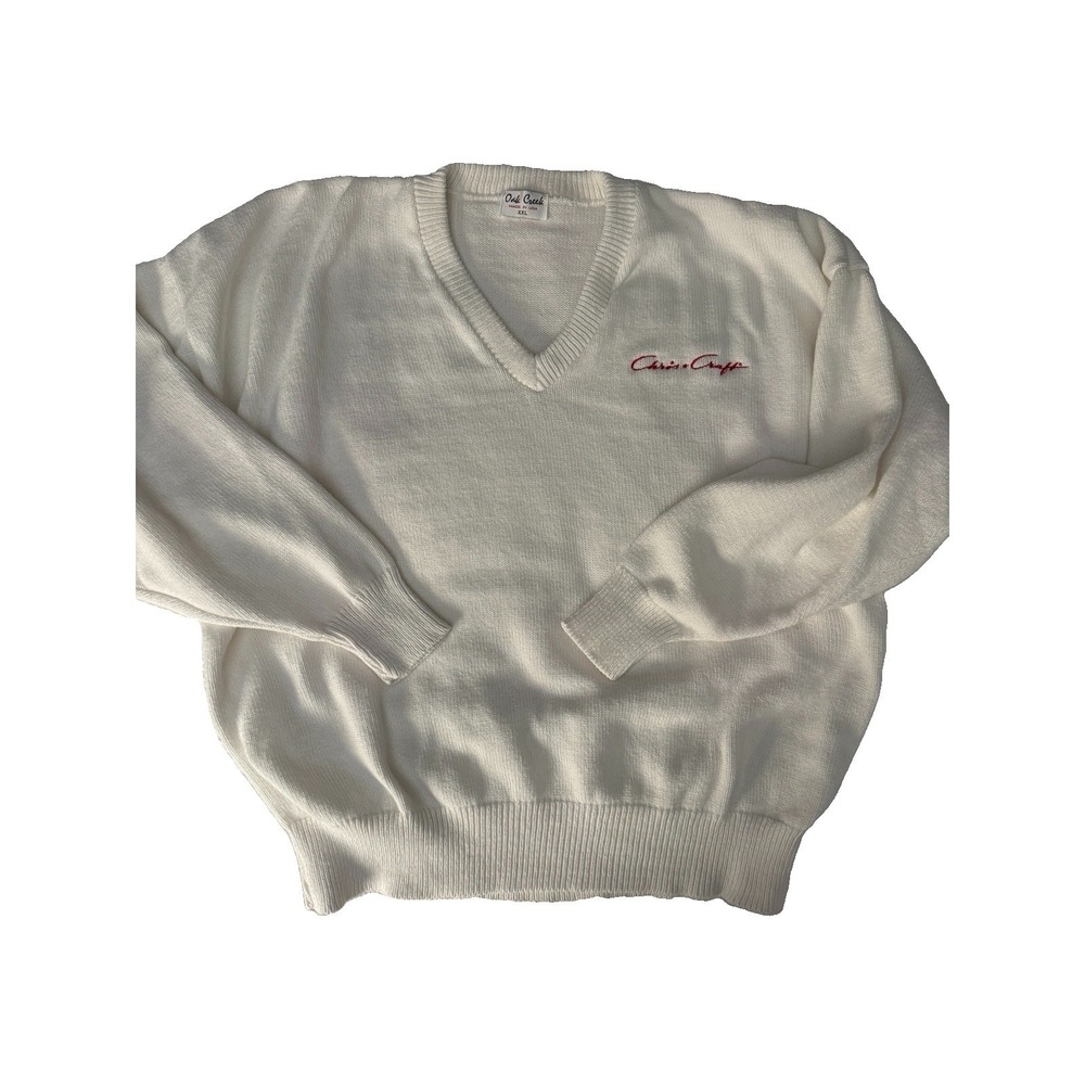 VTG Chris-Craft Oak Creek Mens XXL V-Neck Sweater White Cotton Knit USA Made